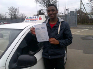 Talent Mhlanga passes his driving test in Southend on sea