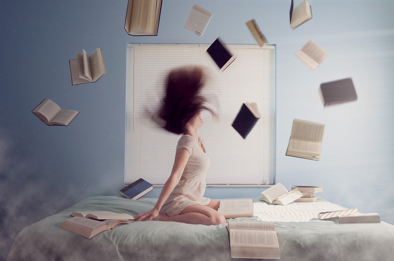 stressed woman with books