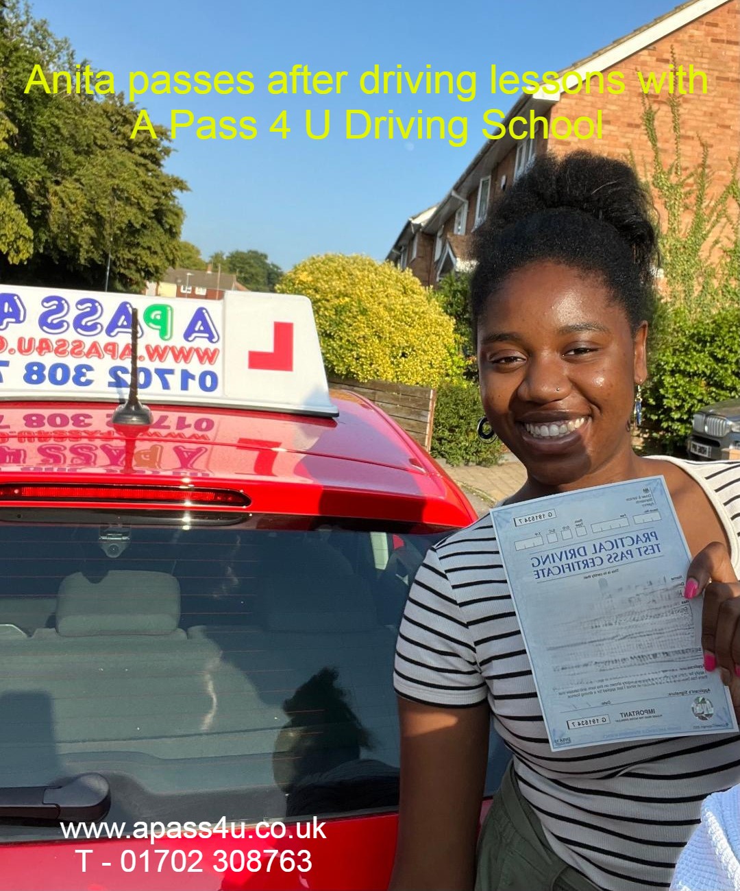 Congratulations to Anita after passing her driving test today with Grahame H at the Basildon driving test centre