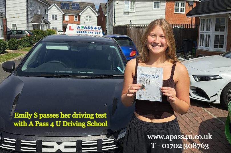 Boom! A 1st time pass for Emily S on her driving course with A Pass 4 U Driving School driving instructor David P in Basildon