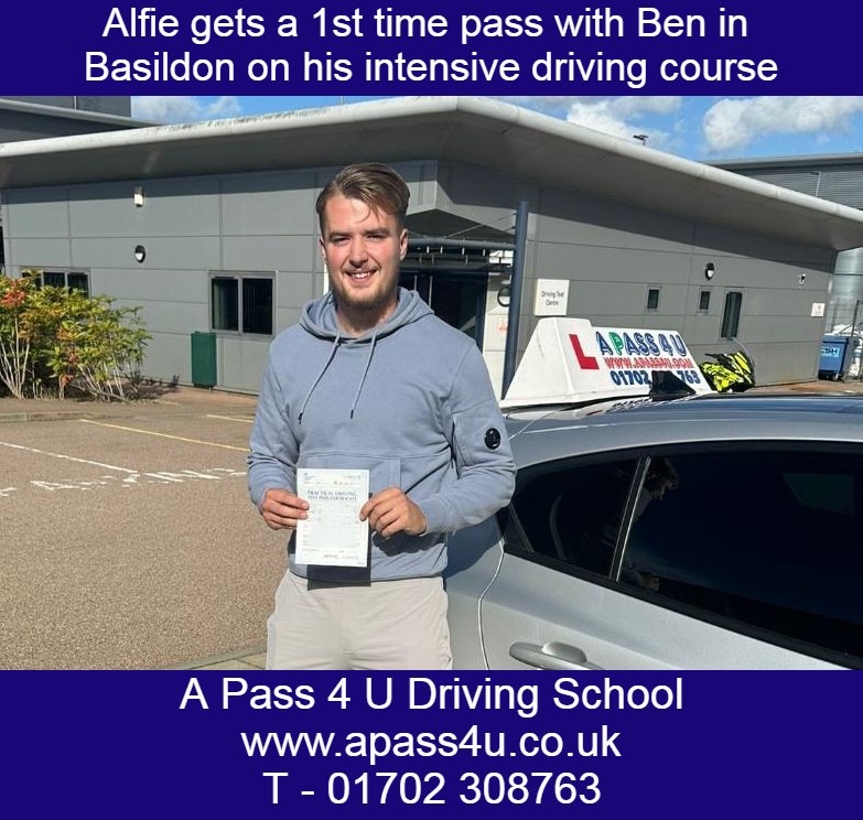 Alfie C gets a 1st time driving test pass on his driving course with Ben H in Basildon. One week driving courses really do work.