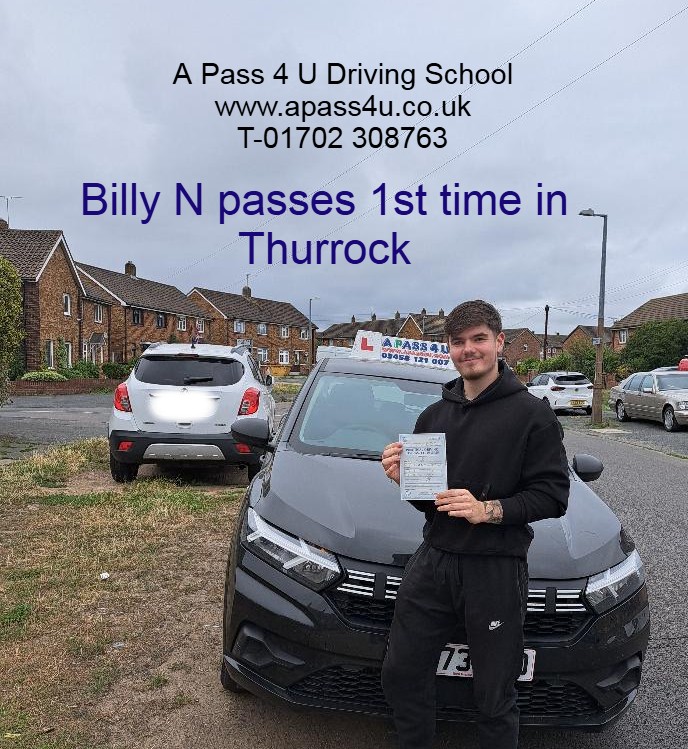 Billy N passes his driving test on Thurrock driving course with David P at the Tilbury driving test centre, Essex