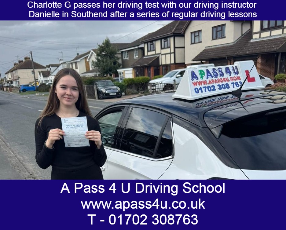 Our driving lessons work for Charlotte G as she passes 1st time with her driving instructor Danielle R in Southend.