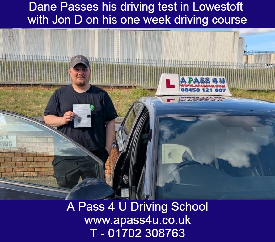 Dane passes his driving test in Lowestoft, Norfolk with Jon D as part of his intensive driving course. A great result!