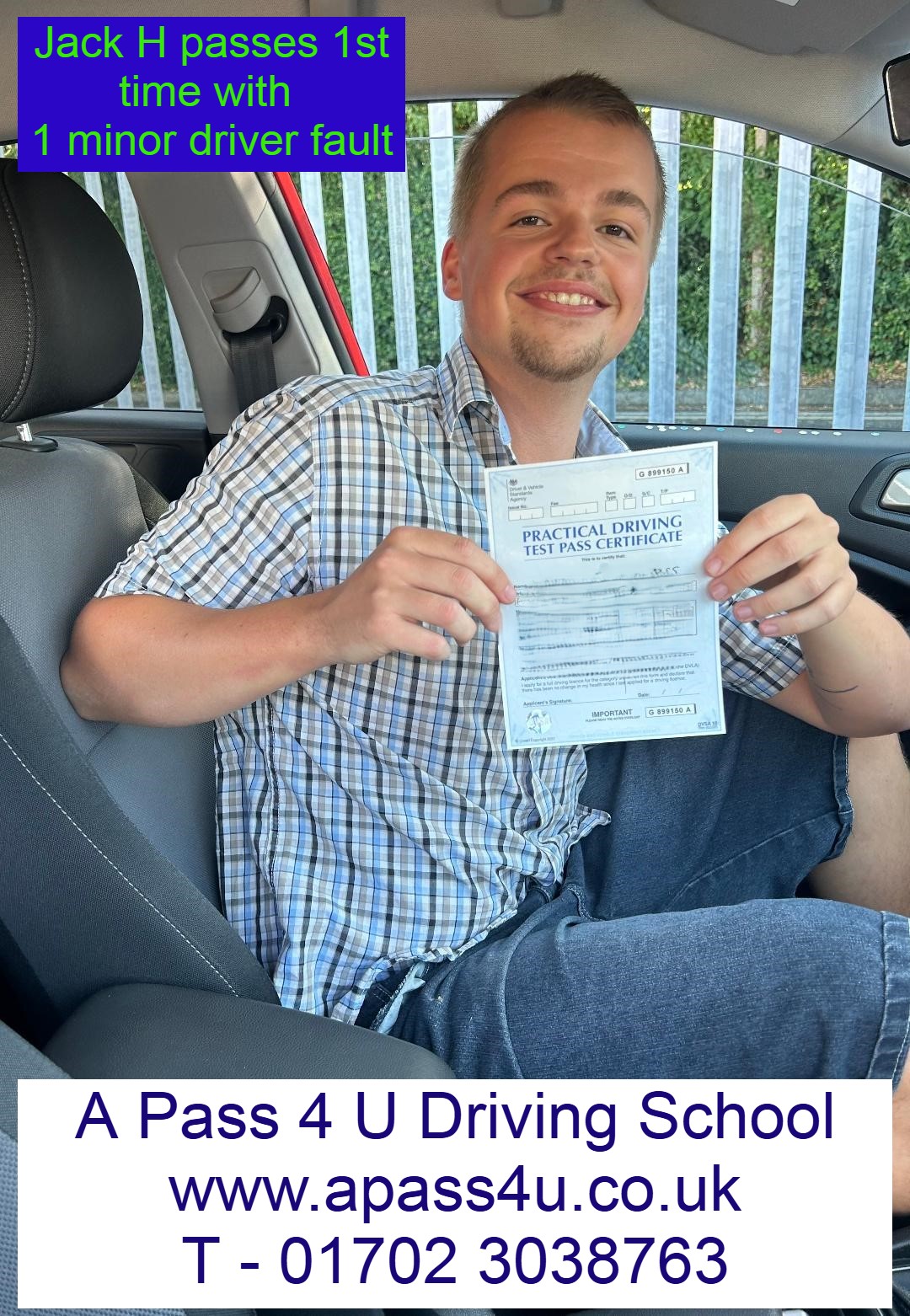 1 minor driver fault pass for Jack H on his driving course with Brian A in Basildon. What a great result for his intensive driving course