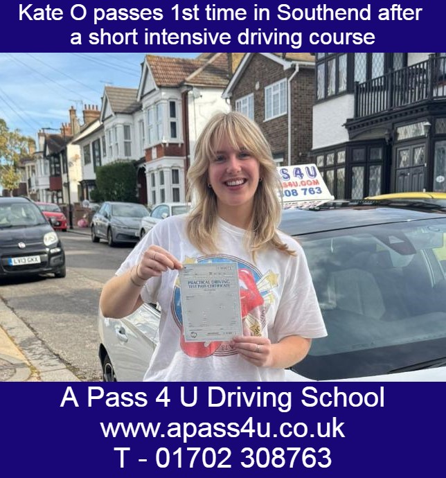 What a great result for Kate O after a short intensive driving course in Southend. Many congrats from A Pass 4 U Driving School
