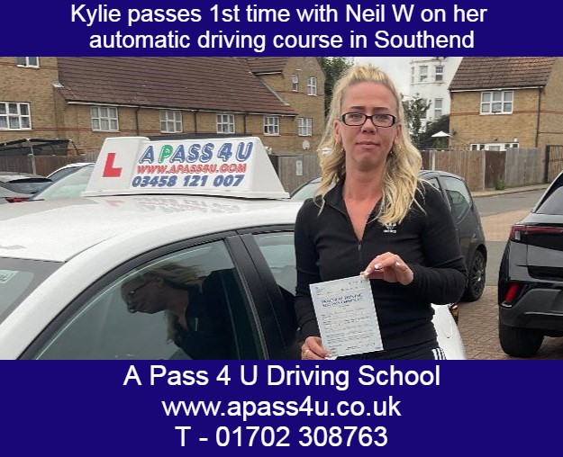 An automatic driving test pass for Kylie with Neil W in Southend. Many congrats on passing your driving test from A Pass 4 U Driving School.