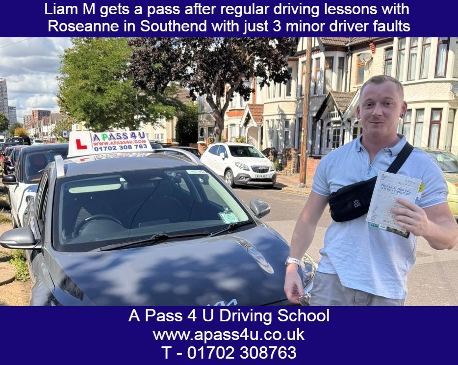 Liam M gets a driving test pass with Roseanne in Southend after a series of regular driving lessons, many congratulations Liam!