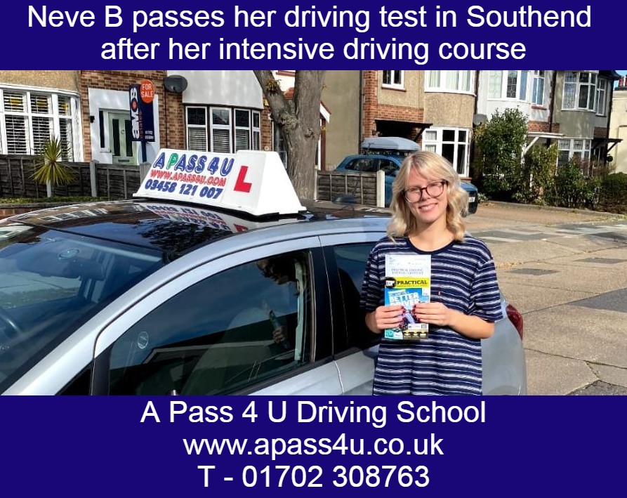 A 1st time pass for Neve B with Susan after one week intensive driving course in Southend. Congratulations Neve!