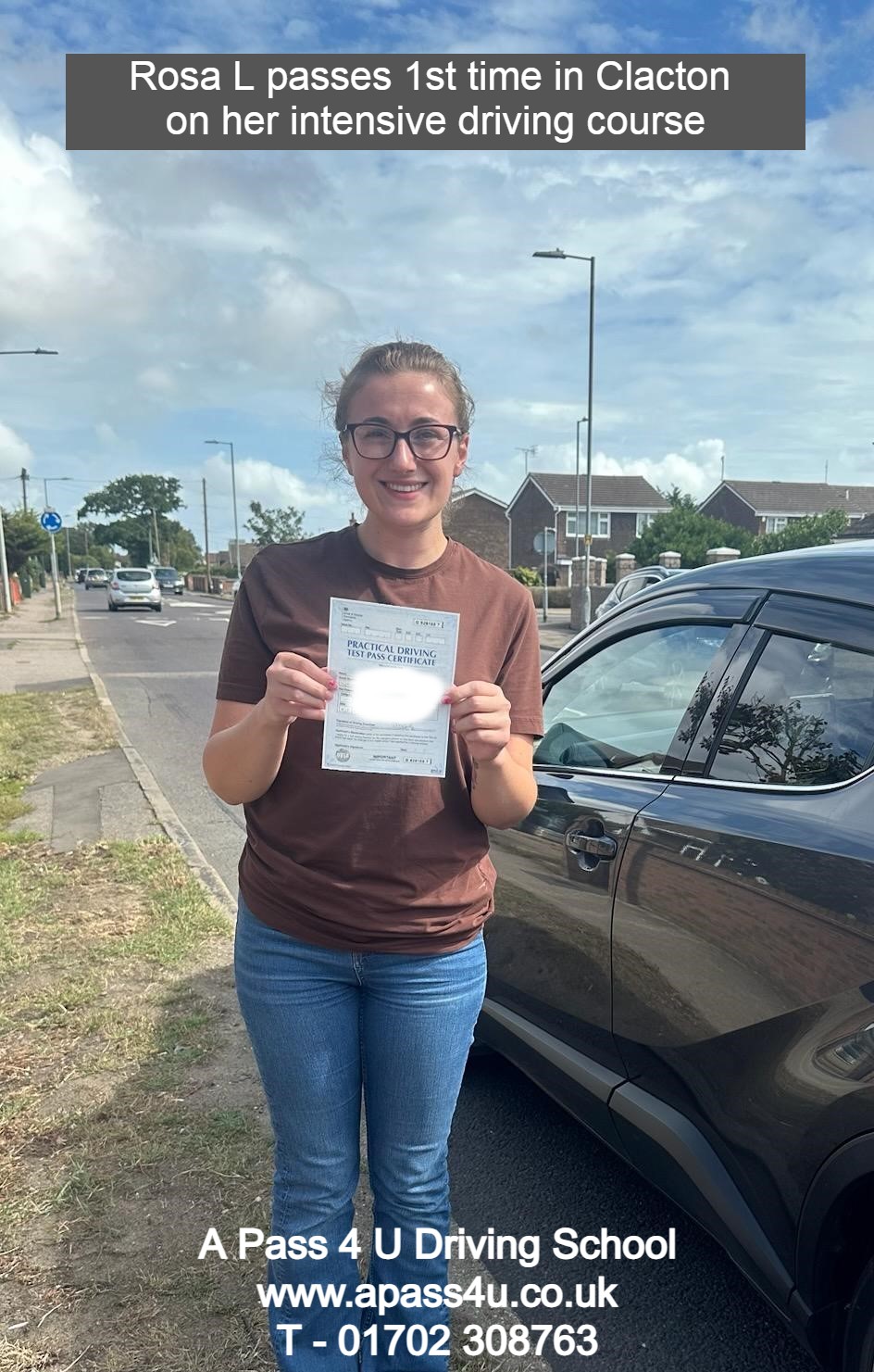 Rosa L passes her driving test 1st time with Lee S in Clacton as part of her intensive driving course, congratulations!