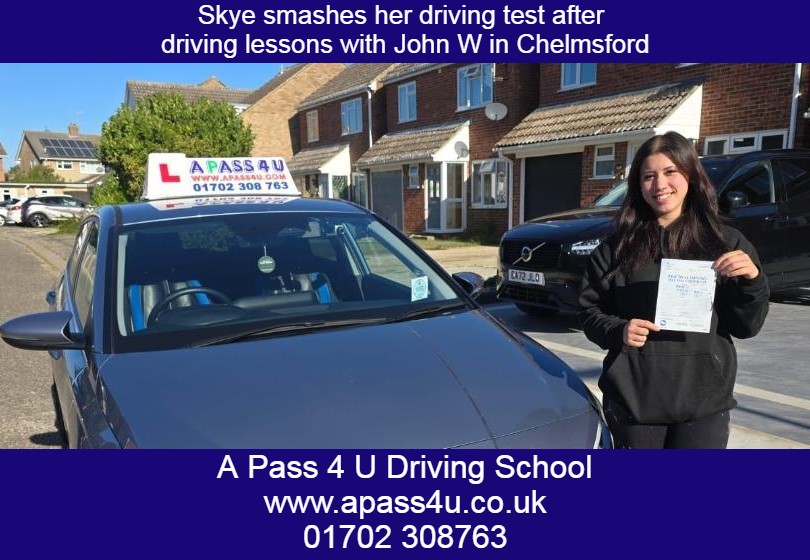 A Pass 4 U driving lessons help get Skye a pass in Chelmsford driving test centre with our driving instructor John W.