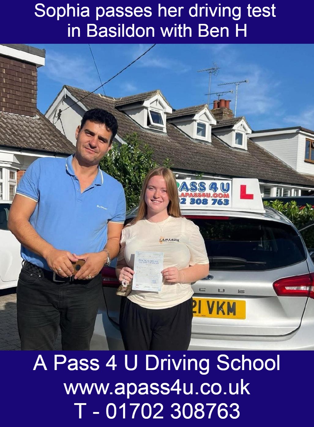 What a great result for Sophia as she takes her driving test at the Basildon driving test centre with her driving course instructor Ben H.