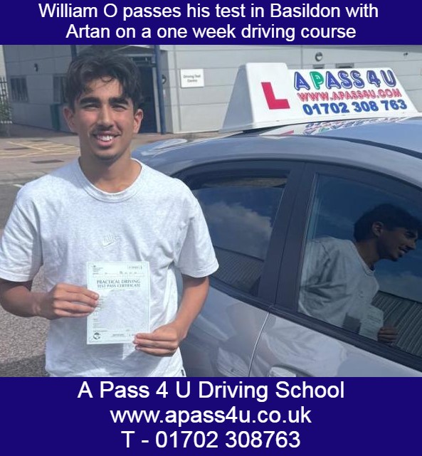 William O gets a 1st time pass on driving course with Artan G in Basildon. After a one week driving course William took his practical test and passed.