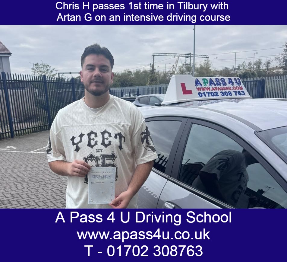Chris H gets a 1st time pass with Artan G on driving course in Tilbury, Thurrock. Many congrats Chris from all at A Pass 4 U Driving School
