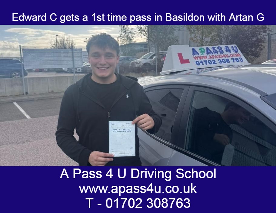 A 1st time pass for Edward C with Artan G on his driving course in Basildon. What a fantastic end to a 3 day intensive driving course.