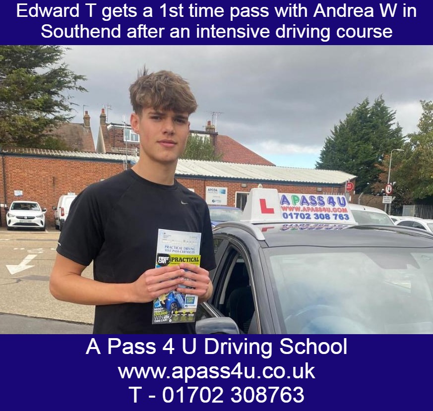 Edward T gets a 1st time pass after short driving course with Andrea W in Southend. In one week Edward took a short intensive driving course.