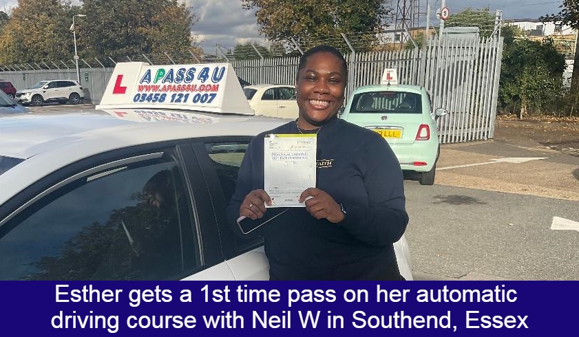 Esther gets a pass with Neil W after automatic course in Southend. After a weeks driving course in an automatic car she passed 1st time