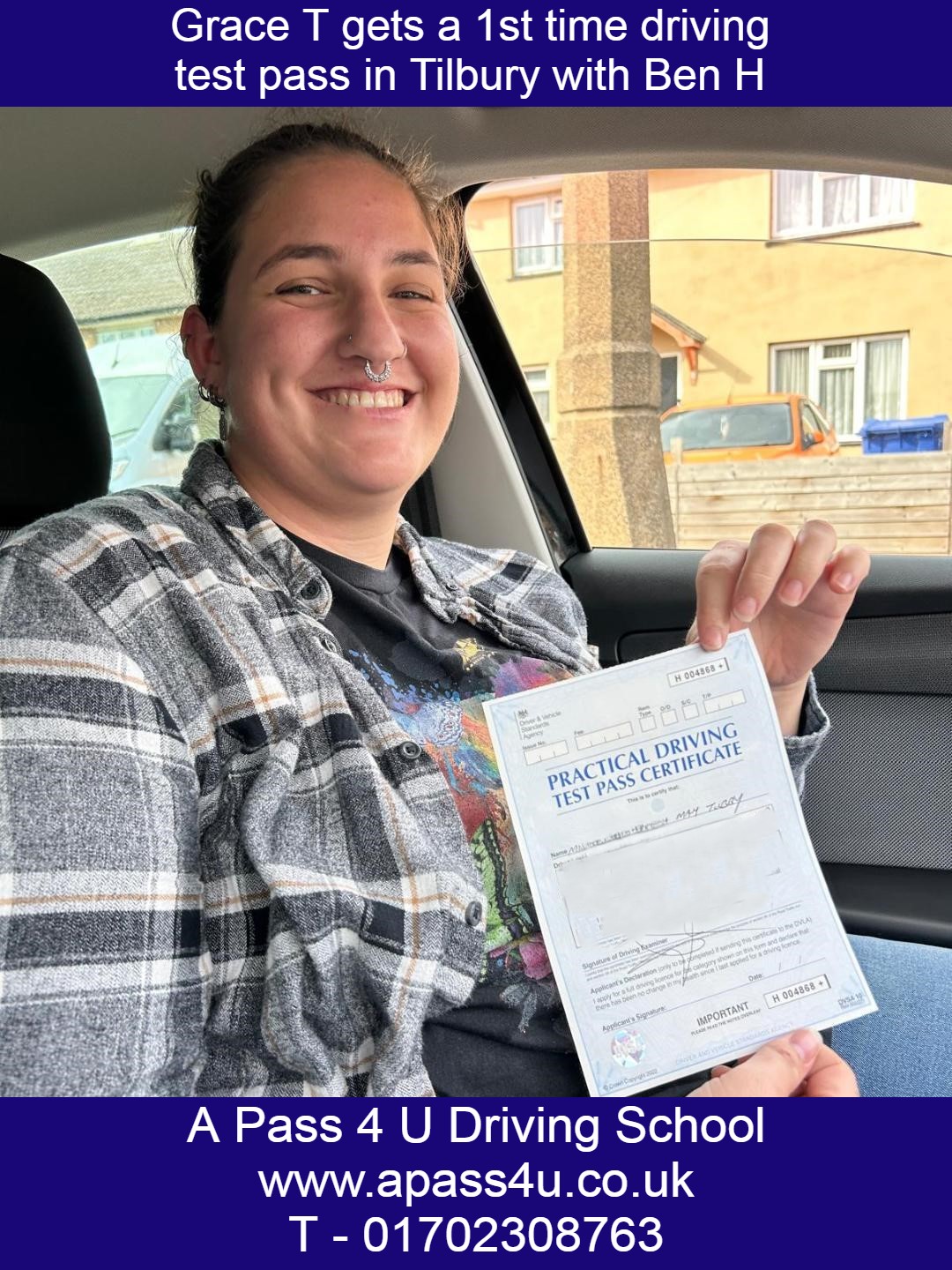 1st time pass for Grace T with Ben H on short driving course in Tilbury, Essex. What a great 1st time pass for Grace after a 2 days training