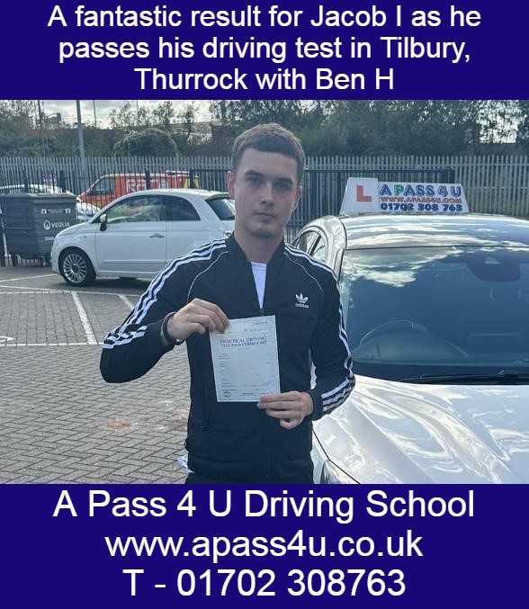 A driving test pass for Jacob I in Tilbury Thurrock with Ben H after having a series of driving lessons. Many Congratulations!