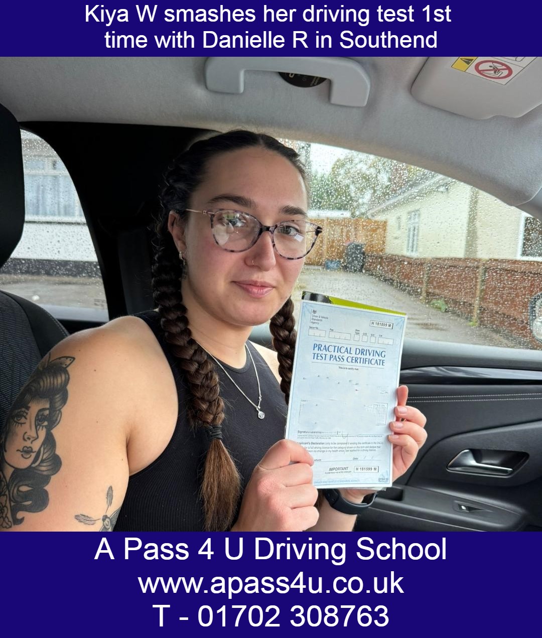 Kiya W gets a result with a short driving course with Danielle R at the Southend DVSA driving test centre.