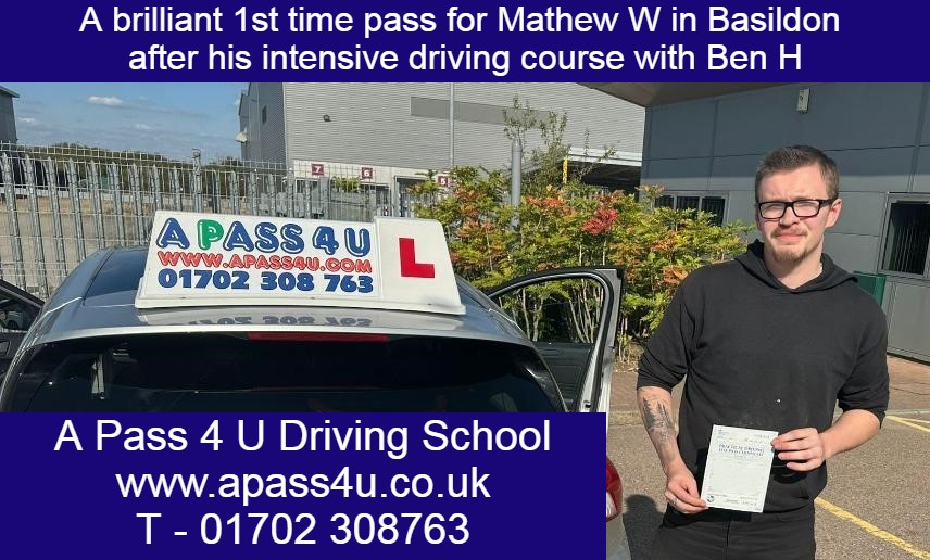 Matthew W gets a 1st time pass with a one week driving course with Ben H in Basildon, Essex. Many congratulations!