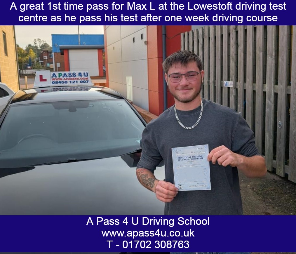 After just 4 days Max L passes his driving test after his one week driving course in Lowestoft with Jon D. Many Congratulations!