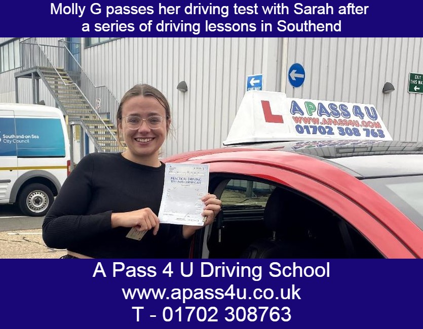Molly G gets a pass after driving lessons with Sarah D in Southend, Essex. Many congratulations from all at A Pass 4 U Driving School
