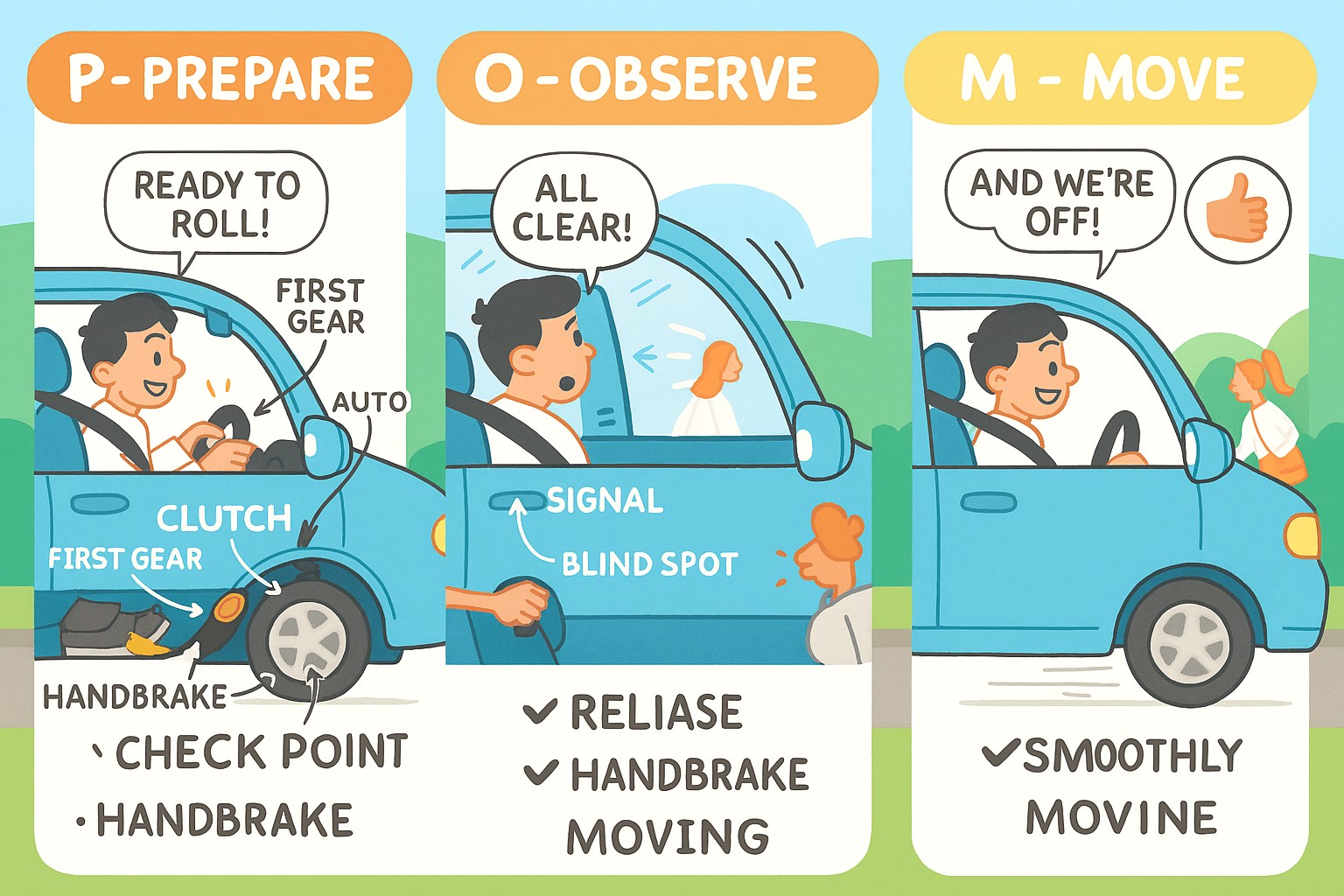 The POM Routine for moving off from the side of the road is used by many Approved Driving Instructors in the industry to help learners