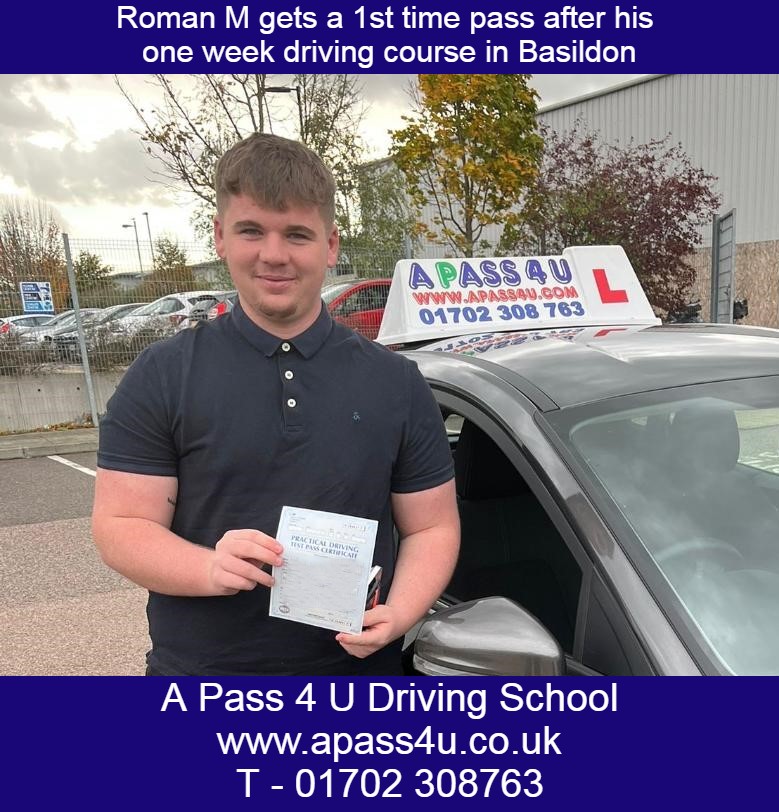 A 1st time pass for Roman M after a one week driving course with Pete P in Basildon, Essex. In just one week Roman finished off his driving.