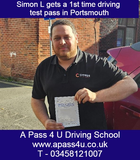 A 1st time driving test pass for Simon L on a driving course with Karen S-B in Portsmouth. He took his test at the Portsmouth DVSA centre.