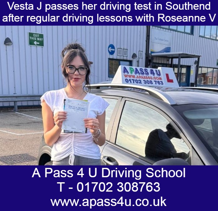 Vesta J gets a 1st time driving test pass with Roseanne V at the Southend driving test centre. Many congratulations Vesta!