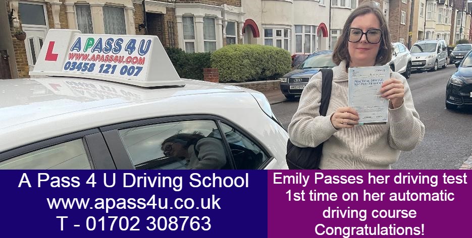Emily passes her automatic driving course test 1st time in Southend. Many congratulations Emily from everyone at A Pass 4 U Driving School!