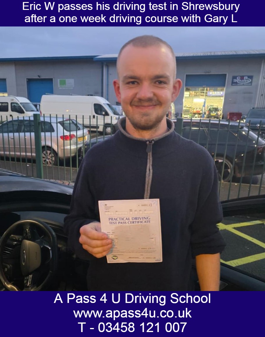 A 30 hour driving course gets a 1st time pass for Eric W in Shrewsbury. A 30 hour course over 6 days was definitely right for Eric.