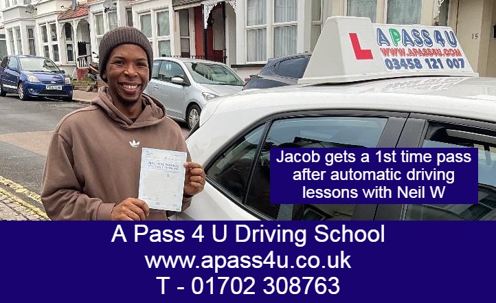 Jacob gets a 1st time pass after automatic driving lessons with Neil W in Southend. Automatic driving lessons in Southend get results!