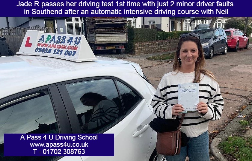 Automatic pass for Jade R after her one week driving course with Neil W in Essex. Jade did pass 1st time with just a couple of minor faults
