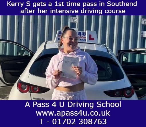 Kerry S gets a 1st time pass with Ray W on her one week driving course in Southend. 1st time pass after taking her intensive driving course.