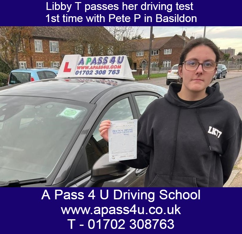 Libby T's driving course gets a 1 time pass in one week in Basildon with Pete P. one week driving course in Basildon.