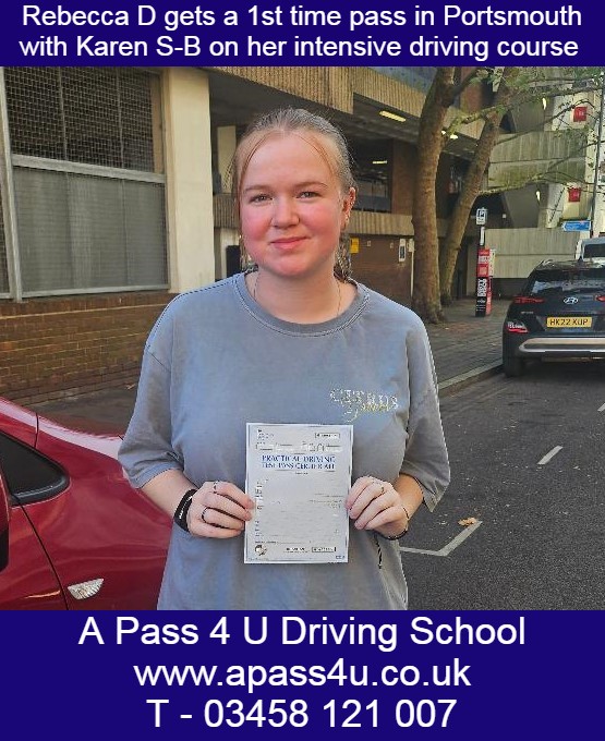 Intensive driving course gets a 1st time pass for Rebecca D with Karen S-B in Portsmouth. Many congratulations on a 1st time pass!
