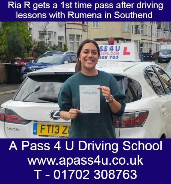 Ria R gets a 1st time pass after regular driving lessons with Rumena B in Southend. Many congrats Ria from all at A Pass 4 U Driving School