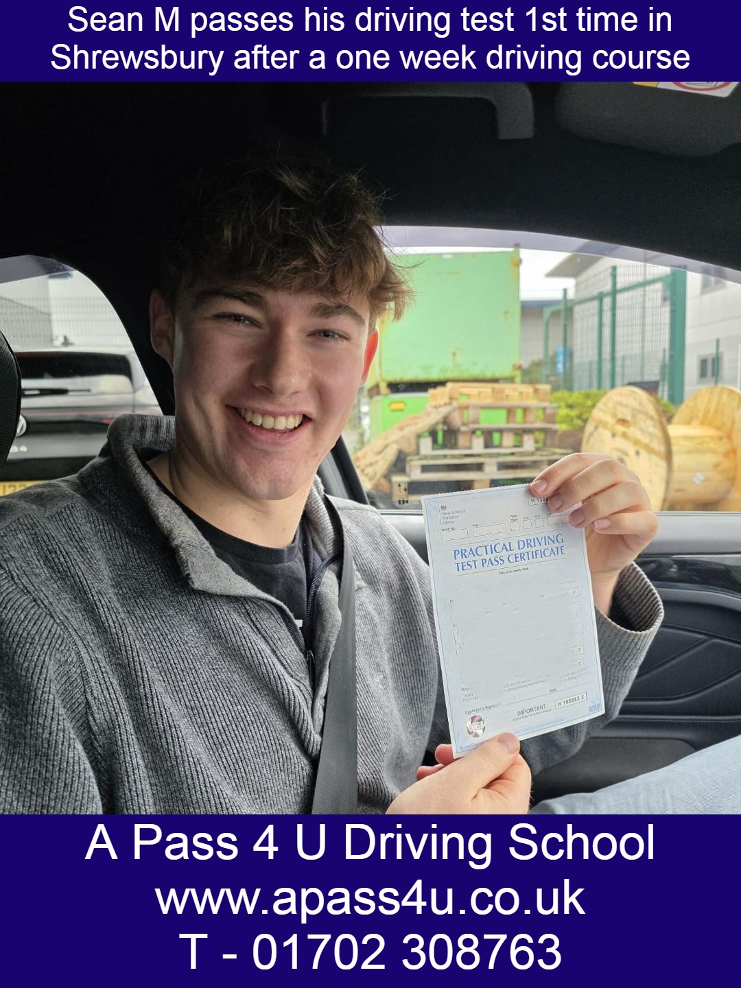 A 1st time pas for Sean M in Shrewsbury on a driving course with Gary L. In just one week Sean took an intensive driving course