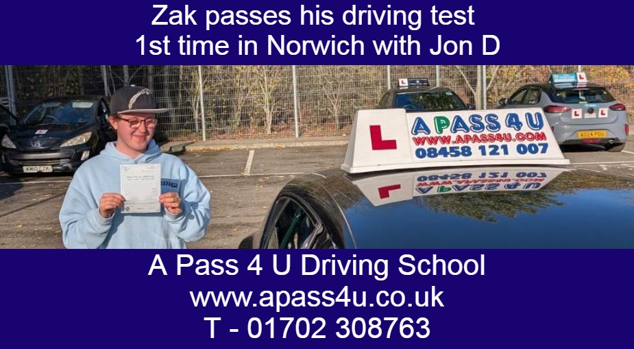 Zak B gets a 1st time pass on his driving course with Jon D in Norwich. In one week Zak finished off driving tuition with a driving course