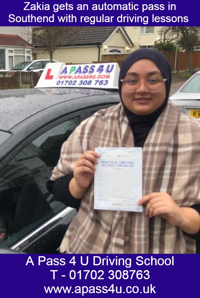 Zakia passes 1st time after automatic driving lessons with Danny Mc. regular automatic driving lessons in Southend with our instructors