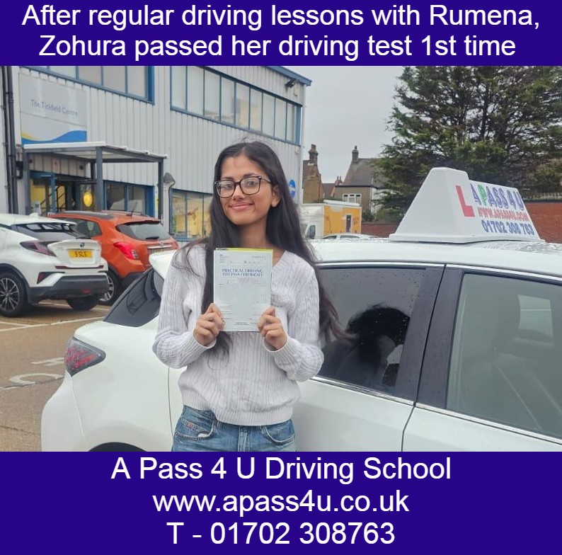 After a series of driving lessons in and around the Southend area Zohura took her driving test at the Southend test centre and passed