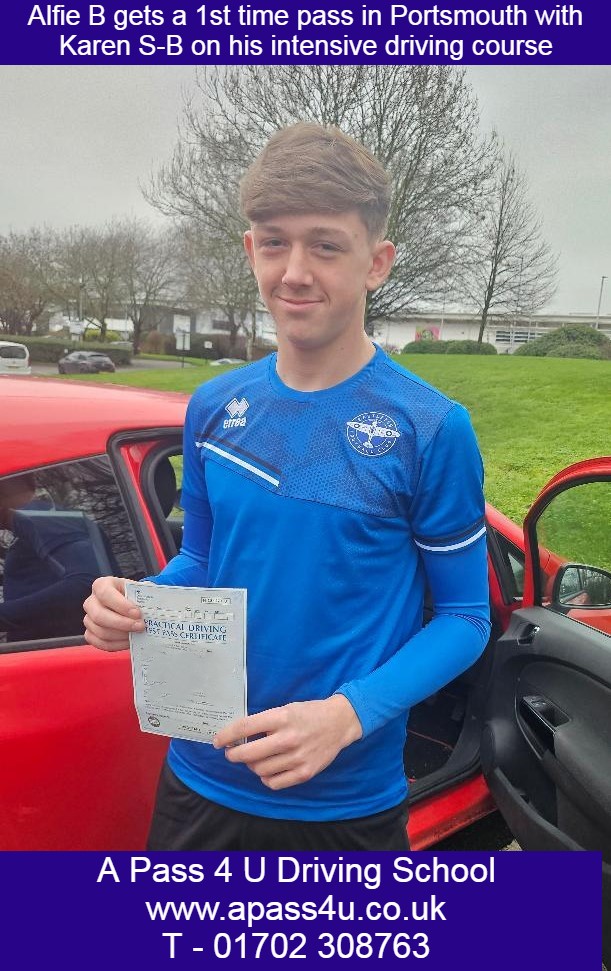 A 1st time pass for Alfie B with Karen S-B on a driving course in Portsmouth, Hampshire. Portsmouth one week driving courses get results.