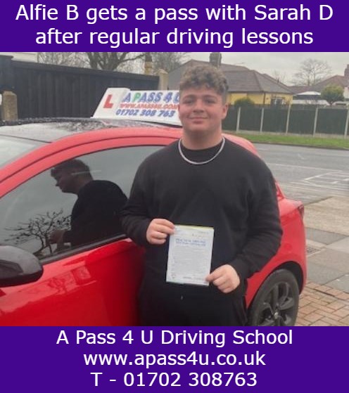 Alfie B gets a driving test pass after regular driving lessons with Sarah D in Southend. Manual and automatic driving lessons available.