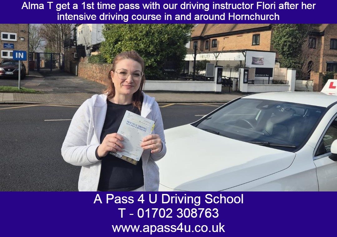 Alma T gets a 1st time pass on her intensive driving course in Hornchurch with our driving instructor Flori. A fantastic result!