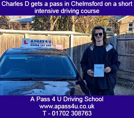 Charles D gets a pass with David P in Chelmsford after a short intensive driving course. What a great result after passing 1st time.
