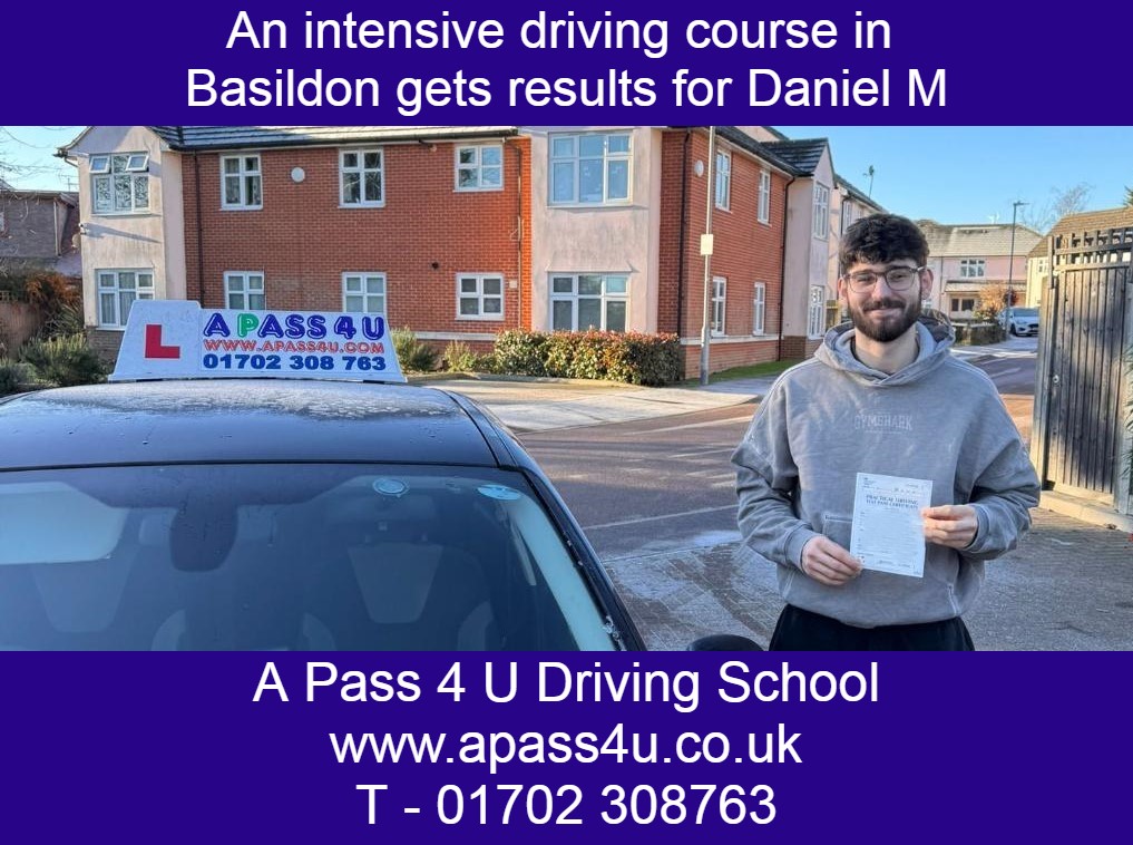 Daniel M gets a pass after a short intensive driving course with Roseanne V in Basildon. A great result on his driving course in Basildon.