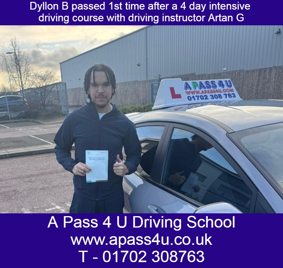A 1st time pass for Dyllon B on intensive driving course with Artan G in Basildon. Intensive driving courses really get results.