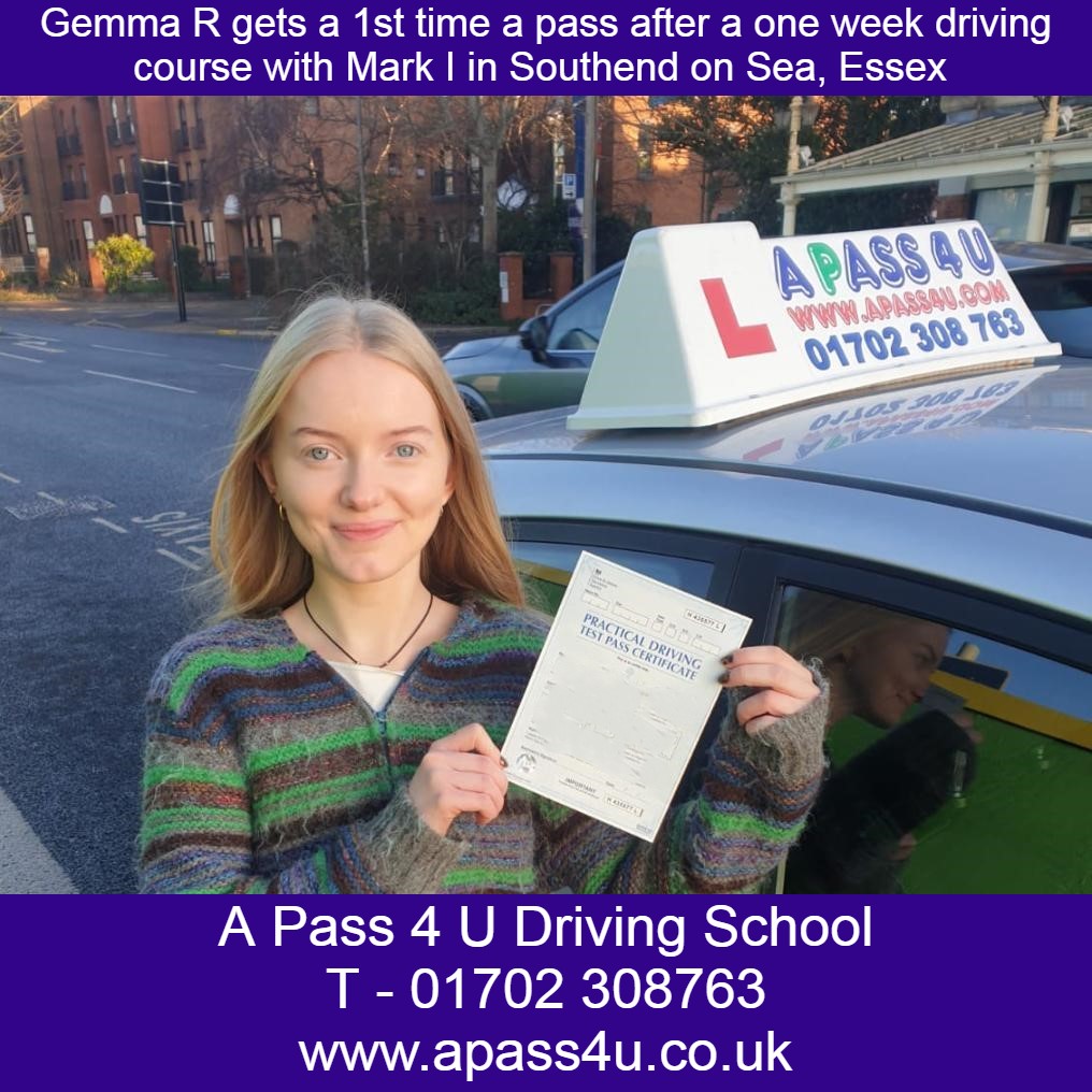 Gemma R passes 1st time with Mark I on her driving course in Southend on Sea, Essex. Our 5 day intensive driving course gets results.